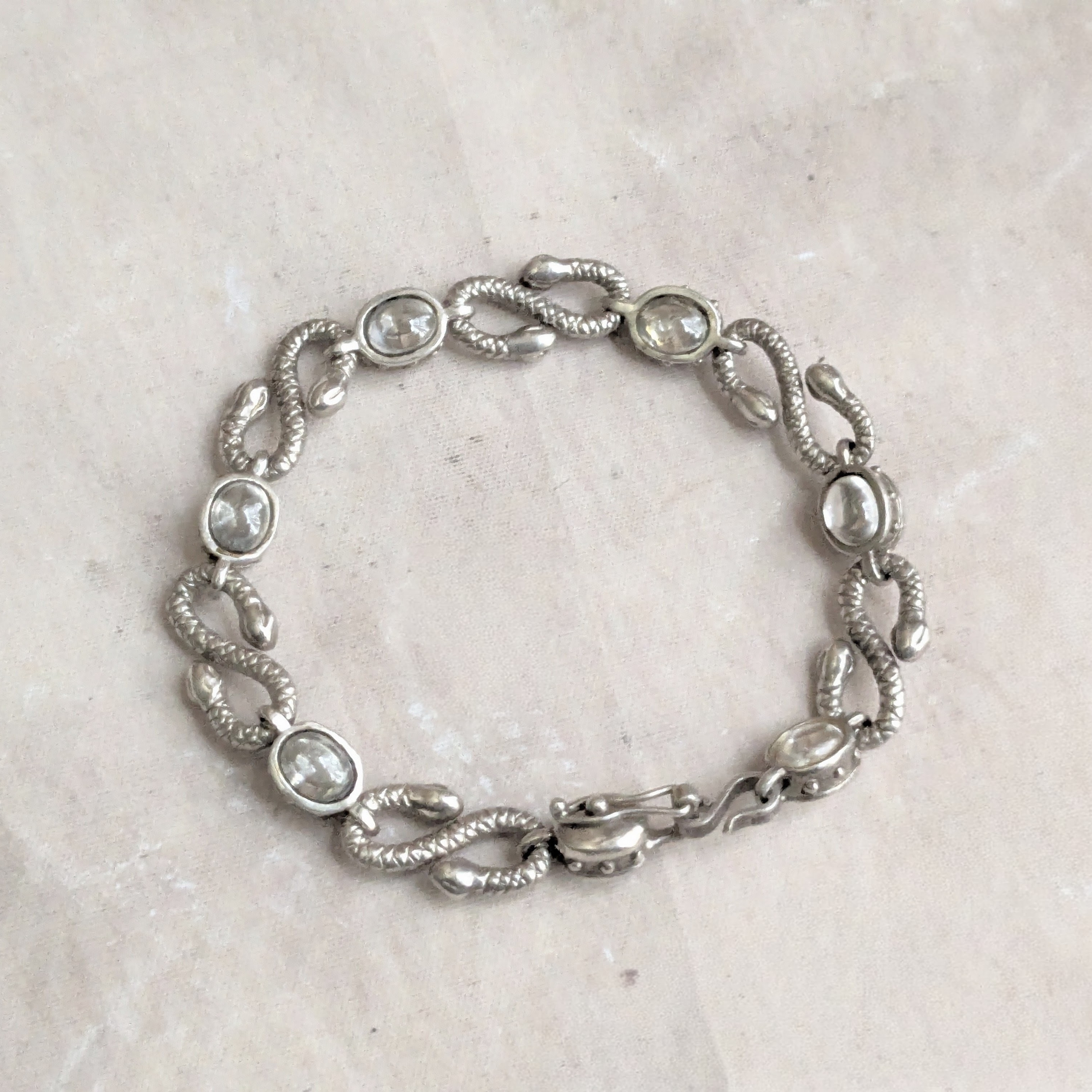 Vintage Sterling Silver Snake Bracelet Mexico 9.5" Clear Glass Oval